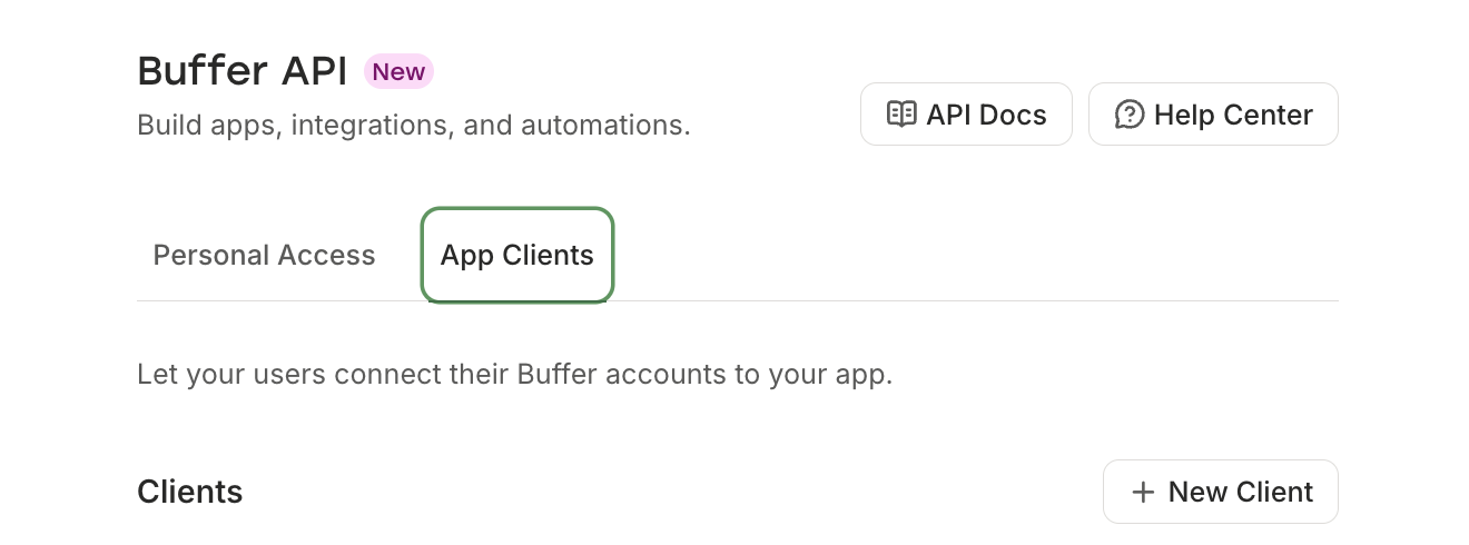The Buffer API page in account settings, with the App Clients tab selected and a New Client button on the right
