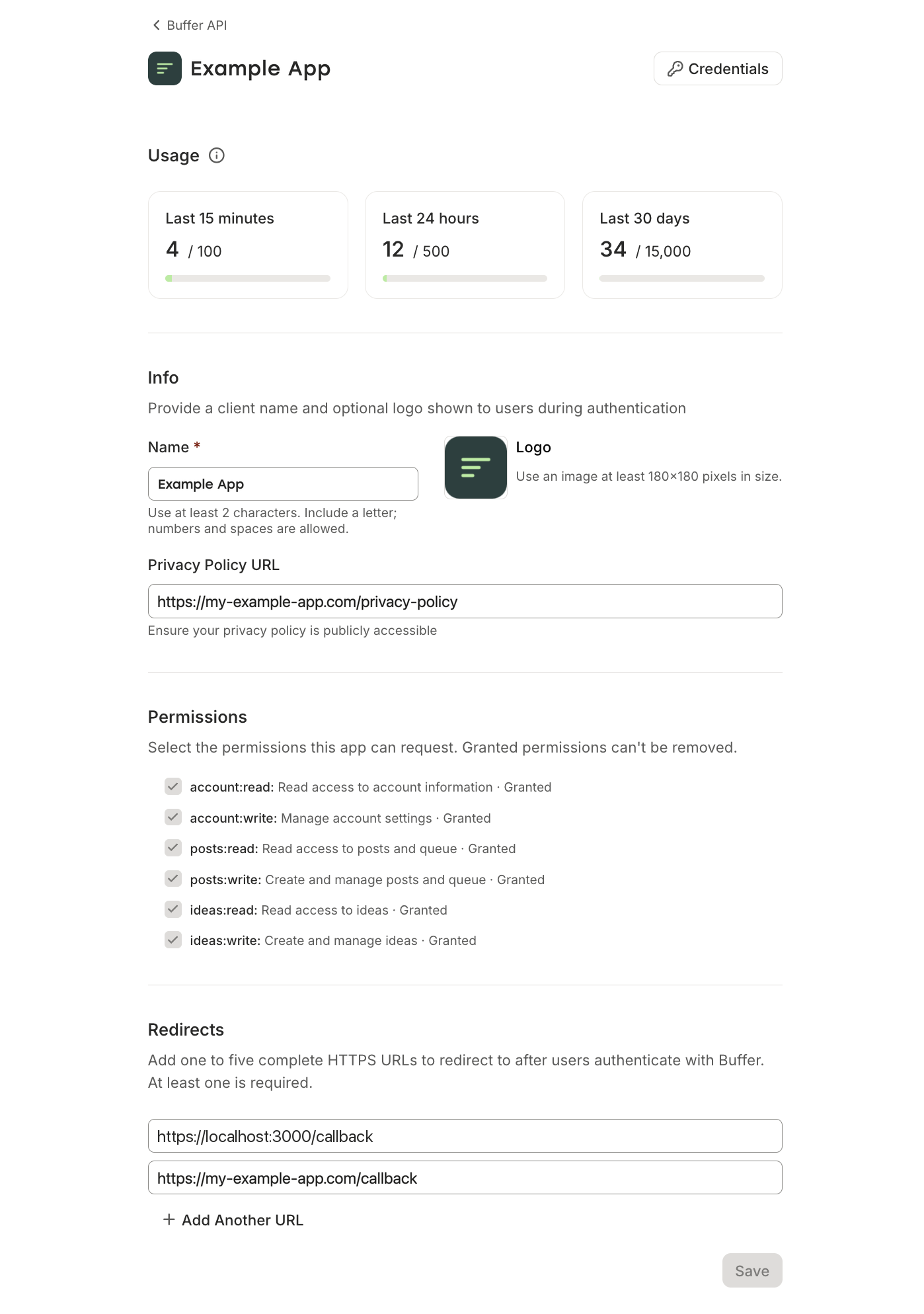 An app client in Buffer's settings: request usage against the 15-minute, 24-hour and 30-day limits, the client's name and logo, a privacy policy URL, the six permissions it has been granted, and its two redirect URLs