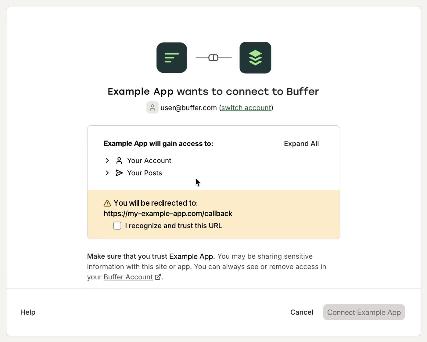 Buffer's consent screen: the app's logo and name, the signed-in account, the permission groups being requested, the redirect URL to confirm, and Cancel and Connect buttons
